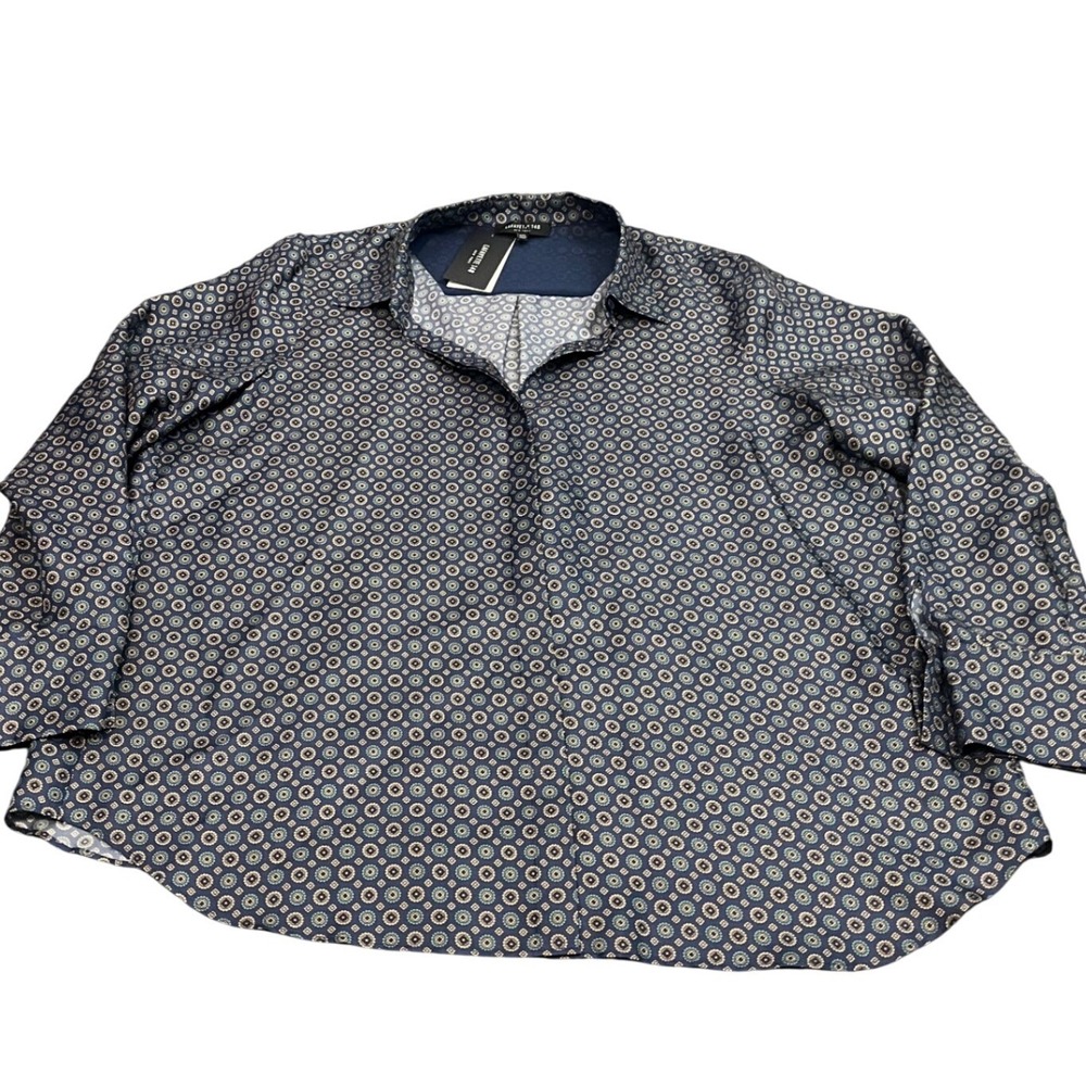 Lafayette 148 Blouse Womens XXL Blue Tile Print Silk Long Sleeve Button Up Shirt